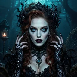 beautiful alison brie magician, black magic spells, in the style of joshua middleton, creepy pose, spooky, symmetrical face symmetrical eyes, three point lighting, detailed realistic eyes, aquapunk, insanely detailed and intricate elegant, titian, bioshock, artgerm, underwater home