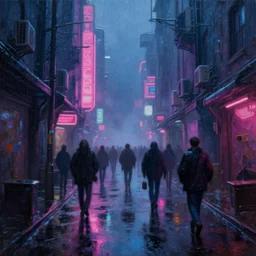 oil painting of narrow dirty!!!!! cyberpunk street in rainy night, crowd!!!, pink purple blue neons, heave foggy, scifi, wet winter, low angle shot, water reflect, lush detail, cinematic lighting, sharp focus, hyperrealism, volumetric light, by sebastian luca on artstation. 4 k, concept art.
