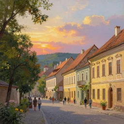 a beautiful painting of banska stiavnica in summer with old houses and trees in sunset, sky, people walking on street, unreal engine, by greg rutkowski and james gurney, artstation