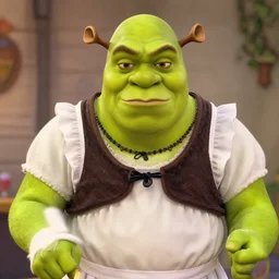 shrek dressed up as a pretty maid, pouting face