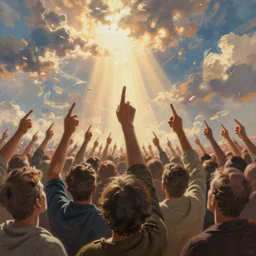 painting of a crowd with raised arms pointing toward, cinematic view, epic sky, detailed, concept art, low angle, high detail, warm lighting, volumetric, godrays, vivid, beautiful, trending on artstation, by jordan grimmer, huge scene, art greg rutkowski
