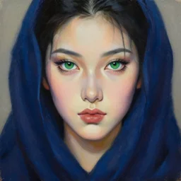 hyperrealism oil painting, close - up portrait, fashion model, green eyes, dark blue robe, in style of classicism mixed with 8 0 s sci - fi japanese books art