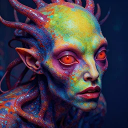 hyperrealistic close-up pointillism psychedelic creature!! in another dimension highly detailed concept art eric zener elson peter cinematic hard synthweave lighting high angle hd 8k sharp shallow depth of field, inspired by David Paul Cronenberg and Zdzisław Beksiński