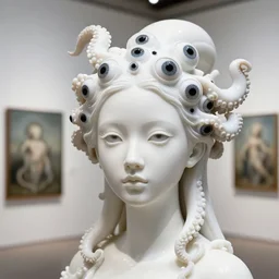 full head and shoulders, beautiful porcelain female person, with lots and lots of black, realistic eyeballs, smooth, delicate facial features, white lashes, 3 d white shiny thick, large octopus tentacles in hair, standing in an art gallery by daniel arsham and james jean