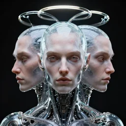 symmetrical artwork. high contrast. increased sharpness. close-up portrait of one biomechanical lich with halo with transparent skin made of glass, jarold Sng and Stephen Oakley, octane render, greg rutkowski, artstation