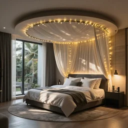 a rounded modern bedroom with no windows, fairy lights, canopy