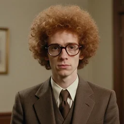 a 1 9 7 0 s photograph portrait of a thin skinny young and nerdy ron perlman with a giant ginger curly afro with big thick rimmed glasses while wearing a brown suit, 1 9 7 0 s, 7 0 s, realistic, hyperrealistic, 8 k resolution, hd quality, very detailed, highly detailed, intricate details, real life, real world, trending on artstation, 7 0 s photo