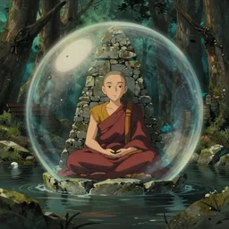 pov hyperrealist, dull colors, interior shot from howls moving castle 2 0 0 4 of a monk meditating inside a cubic bubble in a flooded woodland stonehenge pyramid. bubble.