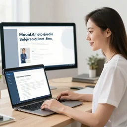 3 0 year old female health coach, beautiful, selling an online self - help course, image of a woman in a moodle online course