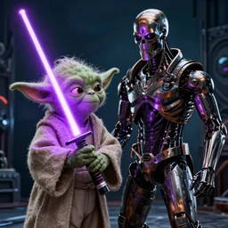 “Yoda holding a purple lightsaber fighting T-800 Terminator, intricate, detailed, trending on Artstation, emotionally provoking, high quality, 4k”