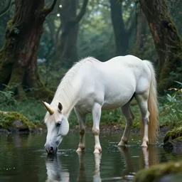 a unicorn drinking from a lake in a magical forest, dramatic lighting, professional photo
