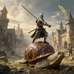 Medieval knight with his sword drawn riding on top of a huge snail in a medieval city, wide shot, detailed, 4K, digital art, cinematic lighting, dynamic lighting, ambient lighting, award winning art