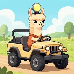cartoon illustration of a llama driving an off road jeep with a novelty sized foam light bulb hat