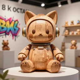 8 k octan, advertising, highly detailed, photo, a totally wooden figurine collectible tin toys art toys wooden on feet, very cute fat cyborg retro meditation zen, with cat ears, cyberpunk, graffiti ratio, design, showroom dealership indoor display convention exhibition a contemporary art gallery masterpiece - a k _ dpm _ 2