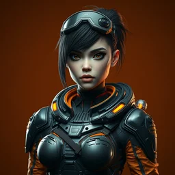 female character, space traveller, proportional figure, character concept, delicate features, alluring, cyberpunk armor, navigator gear, dark gray and orange, plated, dark orange background, poster style, ultra realistic, ultra detailed, volumetric light, unreal engine, artstation, 8 k.