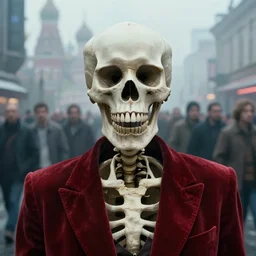 realistic extremely detailed movie still closeup portrait shot of a single skeleton wearing crimson velvet blazer in a foggy crowded futuristic moscow street by denis villenueve, amano, yves tanguy, alphonse mucha, ernst haeckel, jean delville, ilya repin, edward robert hughes, andrei tarkovsky, roger dean, rich moody cold colours, closeup