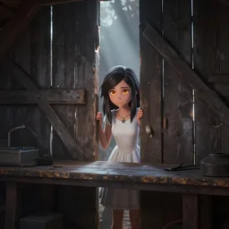 style : overwatch. composition : medium shot. style : digital art ; detailed ; dreamlike ; 4 k. scenery : the inside of a dark barn ; a faint ray of light is shining through a crack in the planks. subject : a 2 5 years old woman ; dark hair ; wearing a white dress ; amber eyes. action : the woman is hiding behind a workbench.