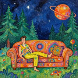 psychedelic trippy couch pine forest planets milky way sofa cartoon by egon schiele