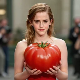 emma watson dressed in a tomato, hyperrealistic, photography, 8 k