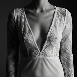 sheer dress with plunging neckline and lace sleeves. award-winning fashion photography. intimate and vulnerable lighting. 130mm bw photography.