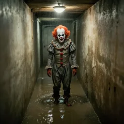 a creepy clown at the end of a flooded basement hallway. craiglist photo.