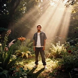 a photo of tyler the creator standing in the middle of a garden, dramatic, ektachrome, vintage, wide angle, ultra - wide angle, warm color palette, light mode, 2. 5 - dimensional, 1 6 k, ultra - hd, megapixel, cga, rays of shimmering light, mist, screen space reflections