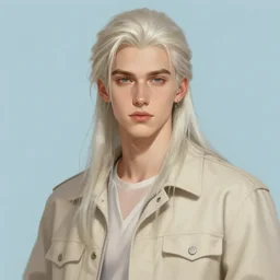 portrait of a young white man with very long pale hair wearing a beige jacket, very handsome, light blue background, digital painting, artstation, beautiful