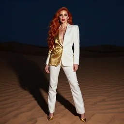 portrait of a woman withlong red hair, very beautiful style, in a gold suit, her in a white suit blonde, night desert, dunes, photorealism, night in the desert, her face lit up with golden rays, she is wearing smokey ice makeup and red lips, she stands on gold stilettos, heels, edgard maxence