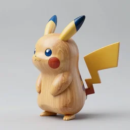 a zoomed out studio product shot of a rounded carved smooth cherry wood and resin pikachu in profile, like a catalog photograph, where distinct sections of the carving are blue resin, but is mostly wood, with a smooth featureless minimalist short wooden nose with no nostrils, and a round minimalist behind
