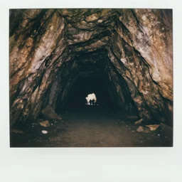 inside a massive cave with a dark hall, megalophobia, old polaroid, expired film,