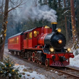 a beautiful old train in the perfect forest on christmas eve, magical. landscape. oil painting. high quality. high fidelity.