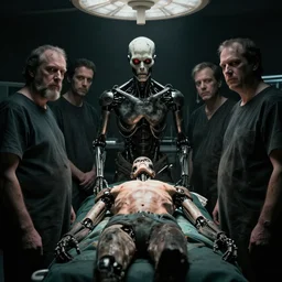 dark, grimy operating theater with legless torso of cyborg cenobite with red glowing eye staring at camera, by greg rutkowski, zdzisław beksinski, anato finnstark, and rembrandt