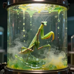 a highly detailed mantis - like alien inside a bioreactor, from love death and robots ( 2 0 1 9 ). sticky liquids, greenish fluids, yellowish steam. coherent portrait, intricate, elegant, suspense environment, digital photo, trending on artstation, hdr photo, smooth, sharp focus