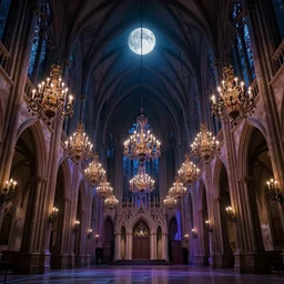 large gothic hall with large chandeliers under the ceiling, horror movie, moonlight, artstation, detailed, colorfull, miadzaki aestetics