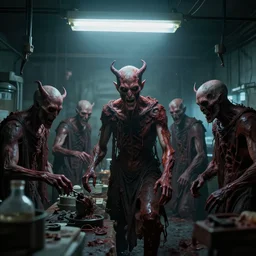 evil souls manufacturing themselves in sweatshop under fluorescent light hell, advanced, photorealistic, realistic, dramatic lighting, fantastic reality, by stefan bakałowicz, 8 k resolution