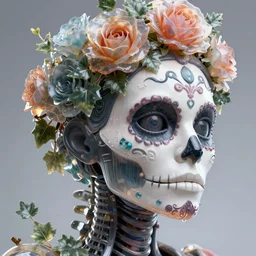dreamy spinal ribbed profile face portrait detail of day of the dead hispanic style beautiful cyborg, highly detailed, intricate trnaslucent ivy jelly ornate, poetic, translucent roses ornate, completely centered, 3 d render, digital art, octane render, 8 k artistic photography, photo - realistic, by dora maar