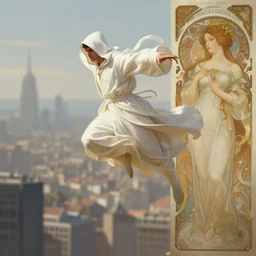 Epic portrait, A hooded man in a white robe performing leap of faith from a skyscraper, blurred city backround, digital painting, artstation, concept art, soft light, hdri, smooth, sharp focus, illustration, fantasy, intricate, elegant, highly detailed, D&D, matte painting, in the style of Greg Rutkowski and Alphonse Mucha and artemisia, 8k, highly detailed, jurgens, rutkowski, bouguereau, pastoral, rustic, georgic