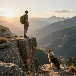 an adventurer in the begining of its journey togueter with his dog. near a precipice. the sun and mountains in the background.