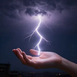 photography of a hyper realistic lightning storm in a beautiful girl's hand. higly detailed, super power, stuning, intricate, complex, unreal engine 5.