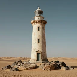 an old roman lighthouse in the middle of the desert sitting on a rock, post apocalyptic