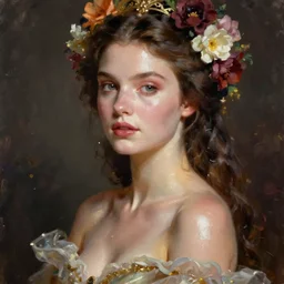 expressive oil painting, of alluring european princess, seductive look, smooth glowing skin, glistening body, ornate headpiece made from flowers, glamour shot, by yoshitaka amano, by greg rutkowski, by jeremyg lipkinng, by artgerm, digital art, octane render