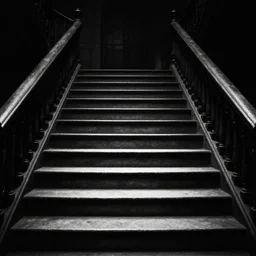 a set of stairs leading up to the top of a set of stairs, a black and white photo by robert macbryde, deviantart, gothic art, dark and mysterious, chiaroscuro, demonic photograph
