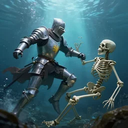 an armored knight, fighting a skeleton, underwater, dynamic lighting, caustics, 4 k, trending on artstation