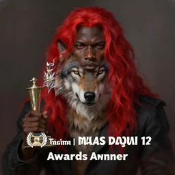 award winning painting of a anthropomorphic black male wolf long red hair. artstation, volumetric lighting, highly detailed, photorealistic