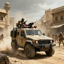 a militarized police vehicle with mounted weapons riding through an orwellian egyptian town, troops searching the area, furious action scene, an epic fantasy, dramatic lighting, cinematic, establishing shot, extremely high detail, photorealistic, cinematic lighting, artstation, octane render, by simon stalenhag, horizon forbidden west
