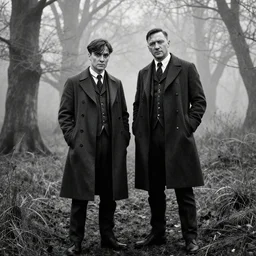 medium long shot, 3 / 4 shot, full body picture of cillian murphy and tom hardy posing, sharp eyes, serious expressions, in the style of peaky blinders, detailed, black and white, misty woods, epic photo by talented photographer diane arbus