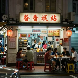 a singaporean hawker centre at night, by greg rutkowski