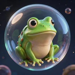 medium close - up shot of a very cute alien frog sitting inside a giant glass sphere floating through space, concept art, by esao andrews, by m. w. kaluta, by pixar, volumetric light, biopunk, rich colors, very humorous!!!, realistic reflections, smooth, depth perception, tilt shift, 4 k, unreal engine 5, artstation