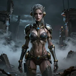 By Tom Bagshaw, Abstract tech, a very beautiful steampunk female body portrait in bra and hotpants, ruins by night, symmetric body features proportions, horror, volumetric clouds and fog, focus, detailed, realistic eyes looking at camera, symmetric body features proportions, golden ratio, intricate details, award winning, unreal render