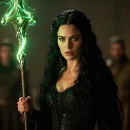 epic photo of gwendoline christie as beautiful medieval sorceress with very long black hair, battle scene, holding her wizard staff electricity surrounding it, sweaty, neutral expression, perfect likeness, rim light glow, low contrast, soft light, low light, green hue, shallow depth of field, photorealistic, cinematic lighting, lovely bokeh, warm colours, night time, movie quality, green glow from the left, excalibur 1 9 8 5, movie still, cinemascope